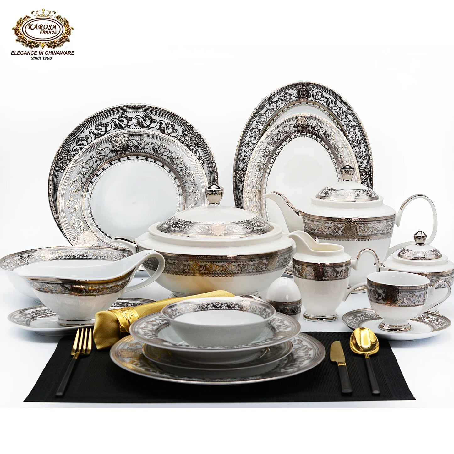 Bone China platinum decoration design tableware porcelain Dinner Soup Plate Gold Rim Dishes and bowl Set