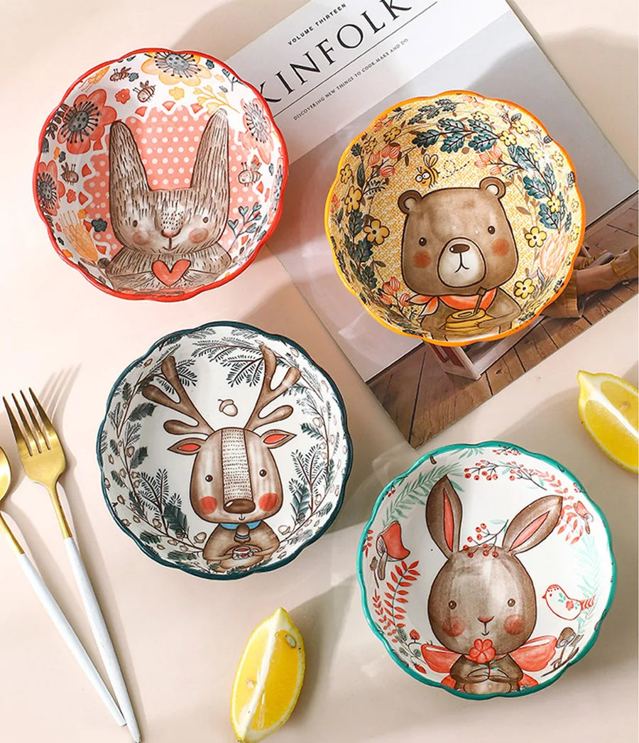 Ceramic Bakeware With Handle Forest Animals Baking Pan Underglaze Kitchen Tableware Salad Bowl Au Gratin Dishes