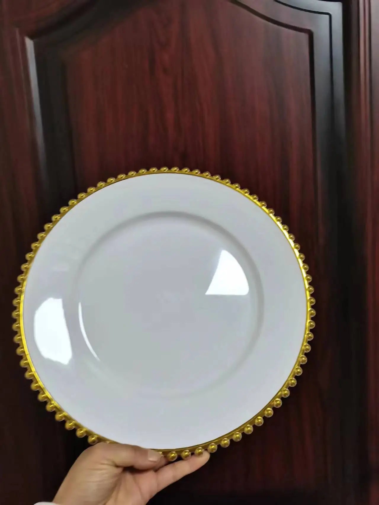 1pcs Premium Clear Plastic Charger Plates with Gold Beads Rim, Decorative Service Plate for Party, Wedding and Events