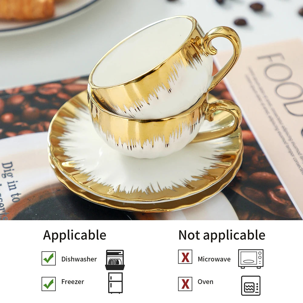 6 Sets, Ceramic Cups With Saucers, Espresso Cups and Saucers, Porcelain Coffee Cup and Saucer Set with Gold Trim, 2.5 oz Demitas