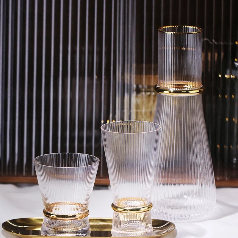 Gold Creative Vertical Gold Waist Line Goblet Champagne Glass Cocktail Glass Vertical Water Bottle Set Party Wedding Barware