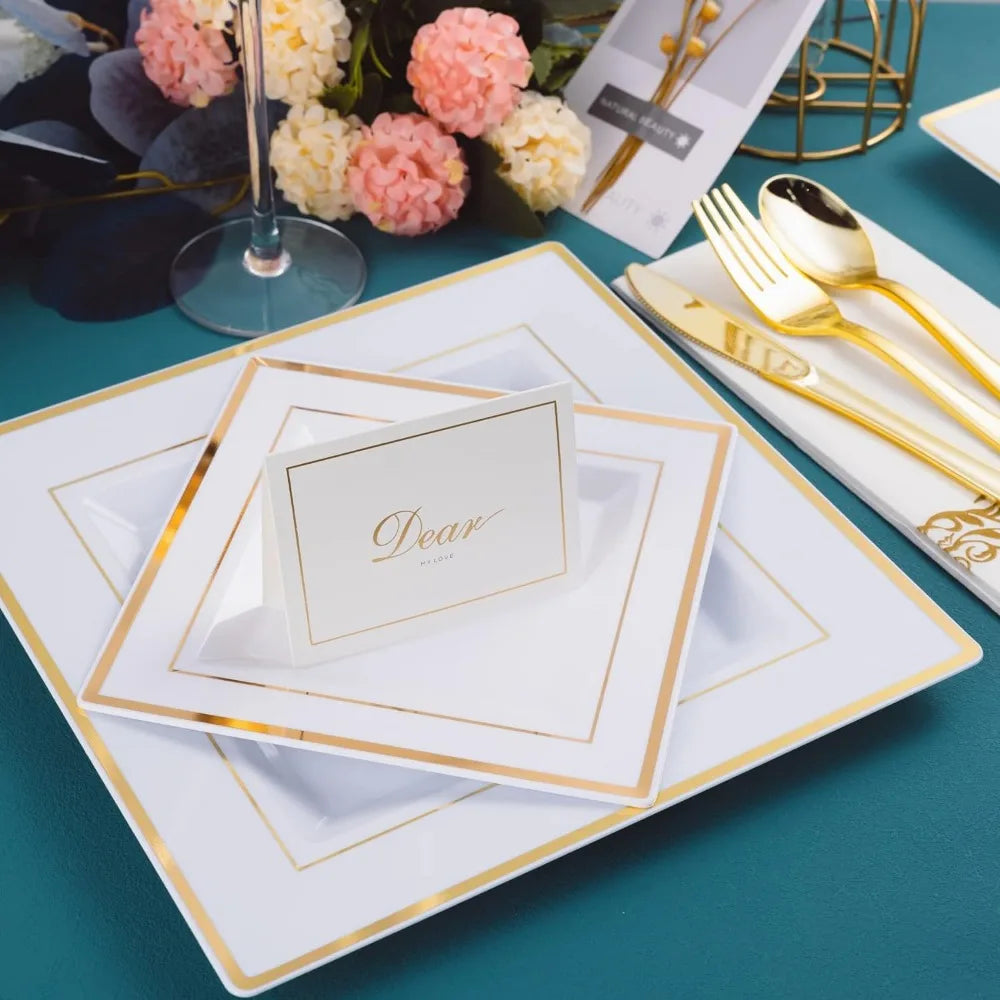 50 Guest Gold Dinnerware Set-100 White Square Plastic Plates with Gold Rim, 50 Gold Plastic forks &Spoons &Knives &Cups &Napkins