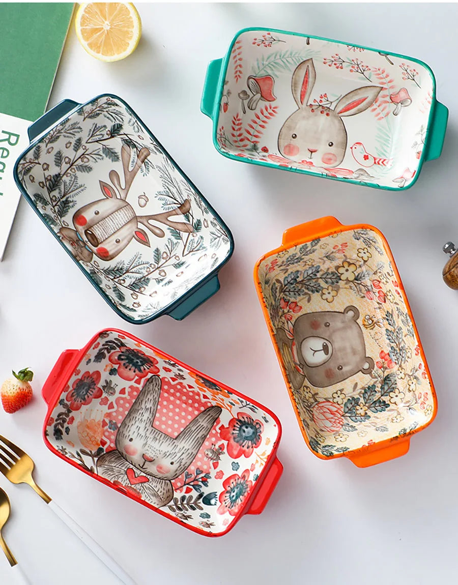Ceramic Bakeware With Handle Forest Animals Baking Pan Underglaze Kitchen Tableware Salad Bowl Au Gratin Dishes