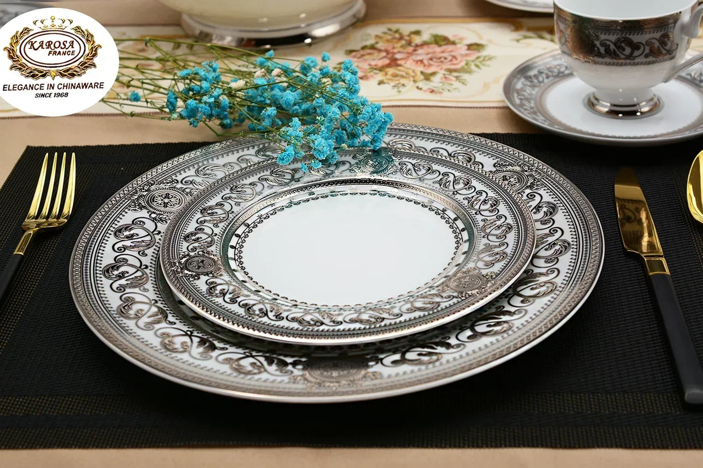 Bone China platinum decoration design tableware porcelain Dinner Soup Plate Gold Rim Dishes and bowl Set