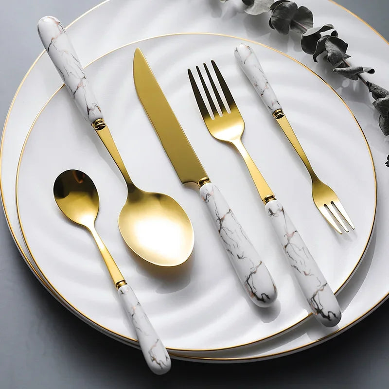 30pcs Cutlery Sets Gold Fork Spoon Knife Set Ceramic Tableware 304 Stainless Steel Dinner Set Cutlery Spoons Sets DropShipping