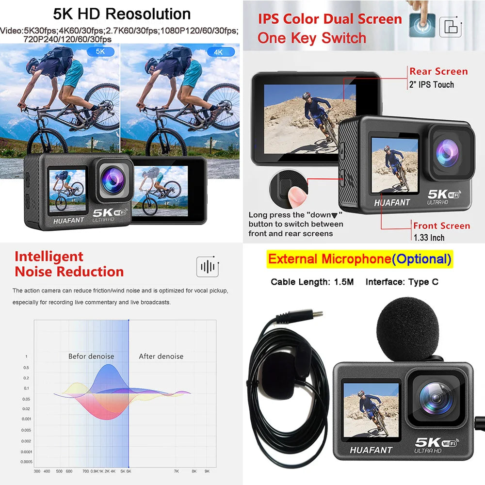Action Camera G9SE 5K30FPS 4K60FPS 48MP 2.0 Touch LCD EIS Dual Screen Wi-Fi 170D DVR Webcam Waterproof 30M 5X Zoom Sports Camera