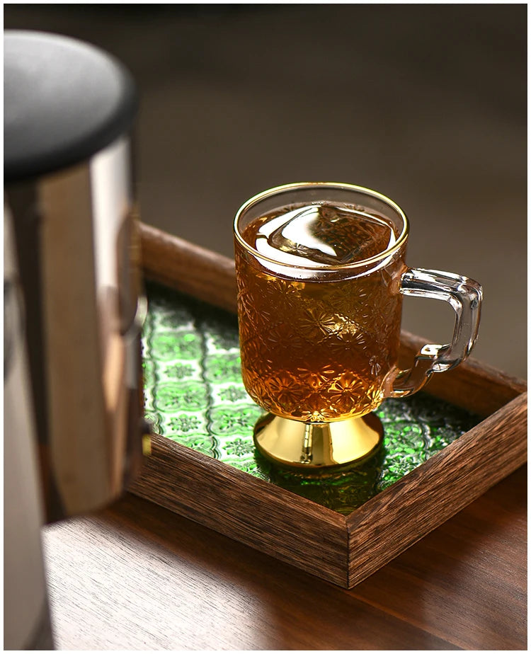 Gold Rimmed Tall Glass with Handle, Tall Beer Drinking Glass with Handle, Kitchen Bar, Barware, Drinkware Set, Light, Luxury