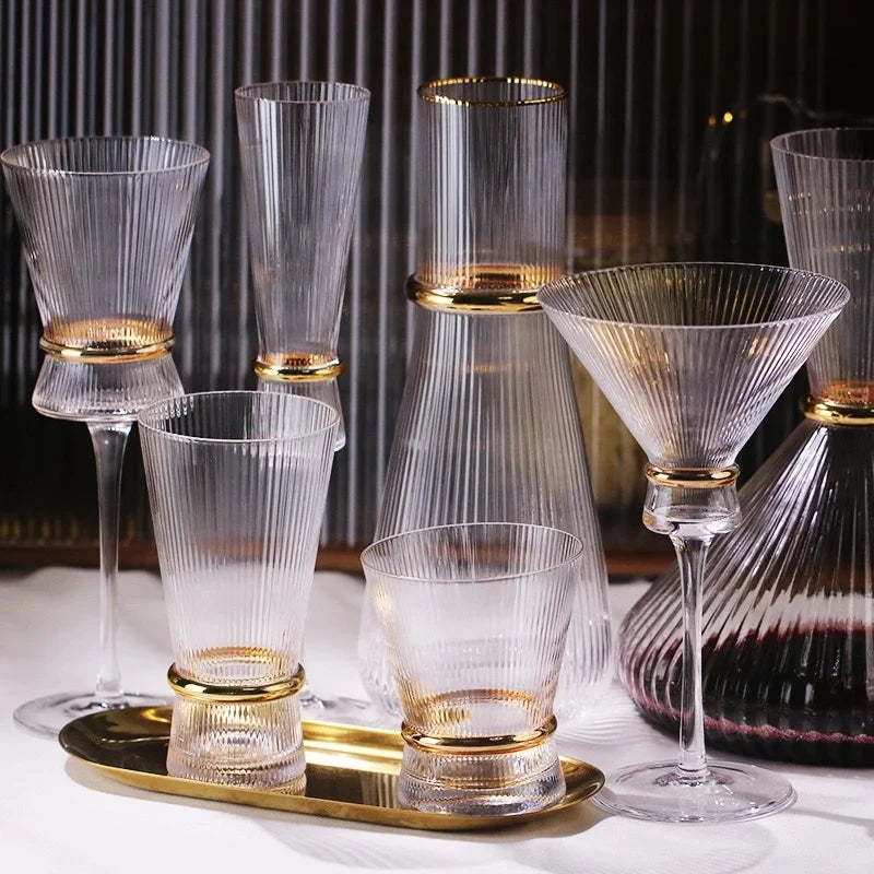 Gold Creative Vertical Gold Waist Line Goblet Champagne Glass Cocktail Glass Vertical Water Bottle Set Party Wedding Barware