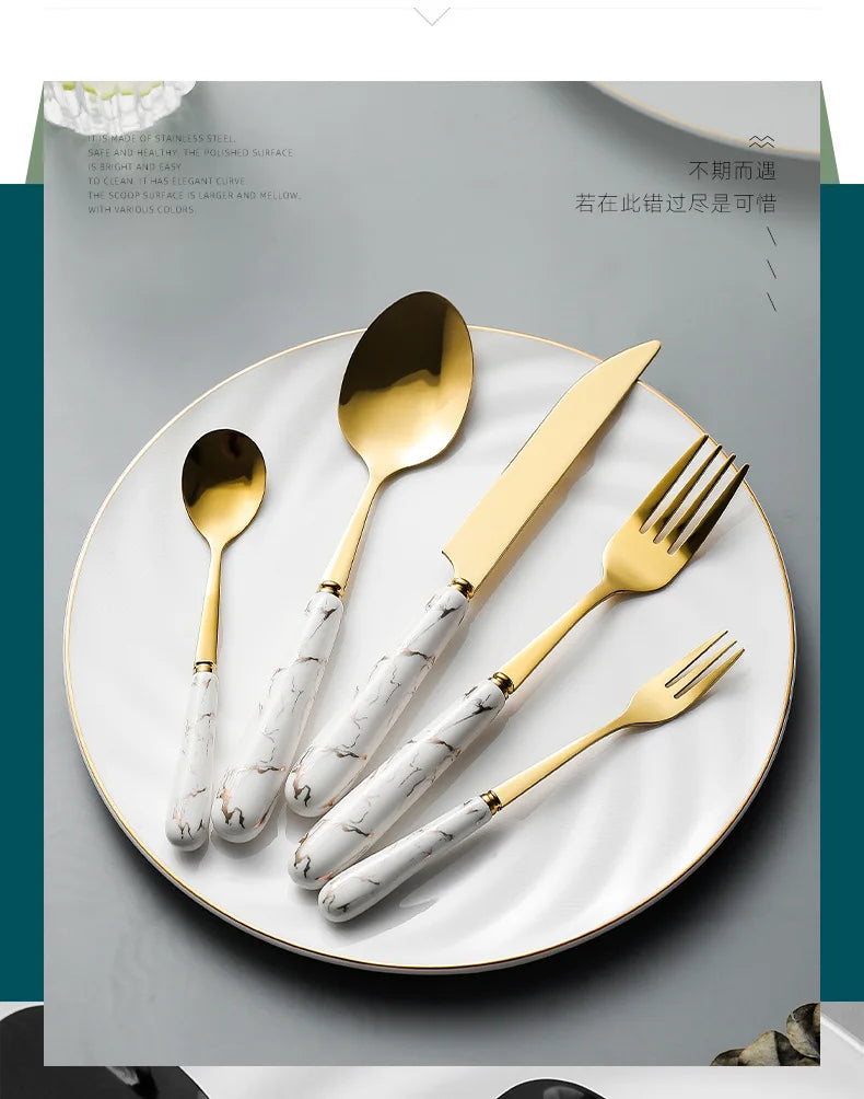 30pcs Cutlery Sets Gold Fork Spoon Knife Set Ceramic Tableware 304 Stainless Steel Dinner Set Cutlery Spoons Sets DropShipping
