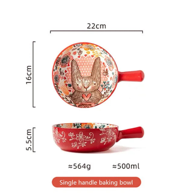 YWDL 500ml Round Ceramic Bakeware With Handle Forest Animals Baking Pan Underglaze Kitchen Tableware Salad Bowl Au Gratin Pasta