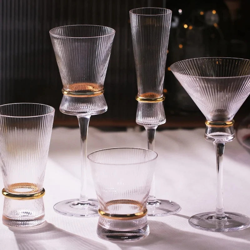 Gold Creative Vertical Gold Waist Line Goblet Champagne Glass Cocktail Glass Vertical Water Bottle Set Party Wedding Barware
