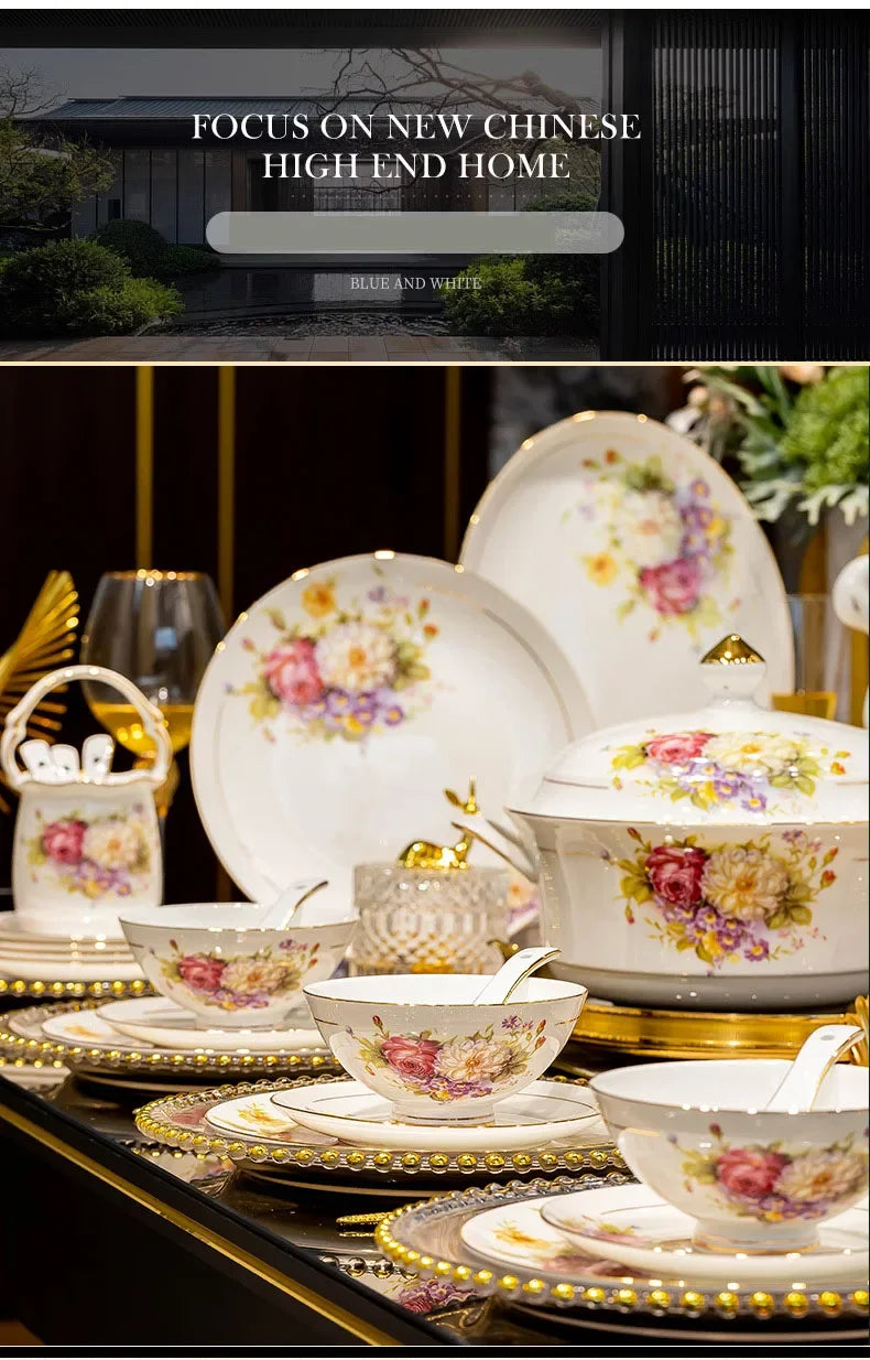 60pcs European Style Dinnerware Sets Luxury Bone China Tableware Sets Bowl Spoon Dinner Plate Set Kitchen Utensils Dinner Set