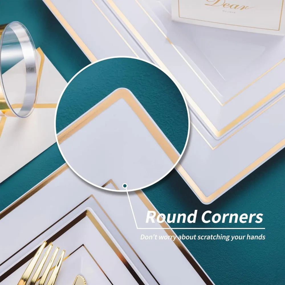 50 Guest Gold Dinnerware Set-100 White Square Plastic Plates with Gold Rim, 50 Gold Plastic forks &Spoons &Knives &Cups &Napkins