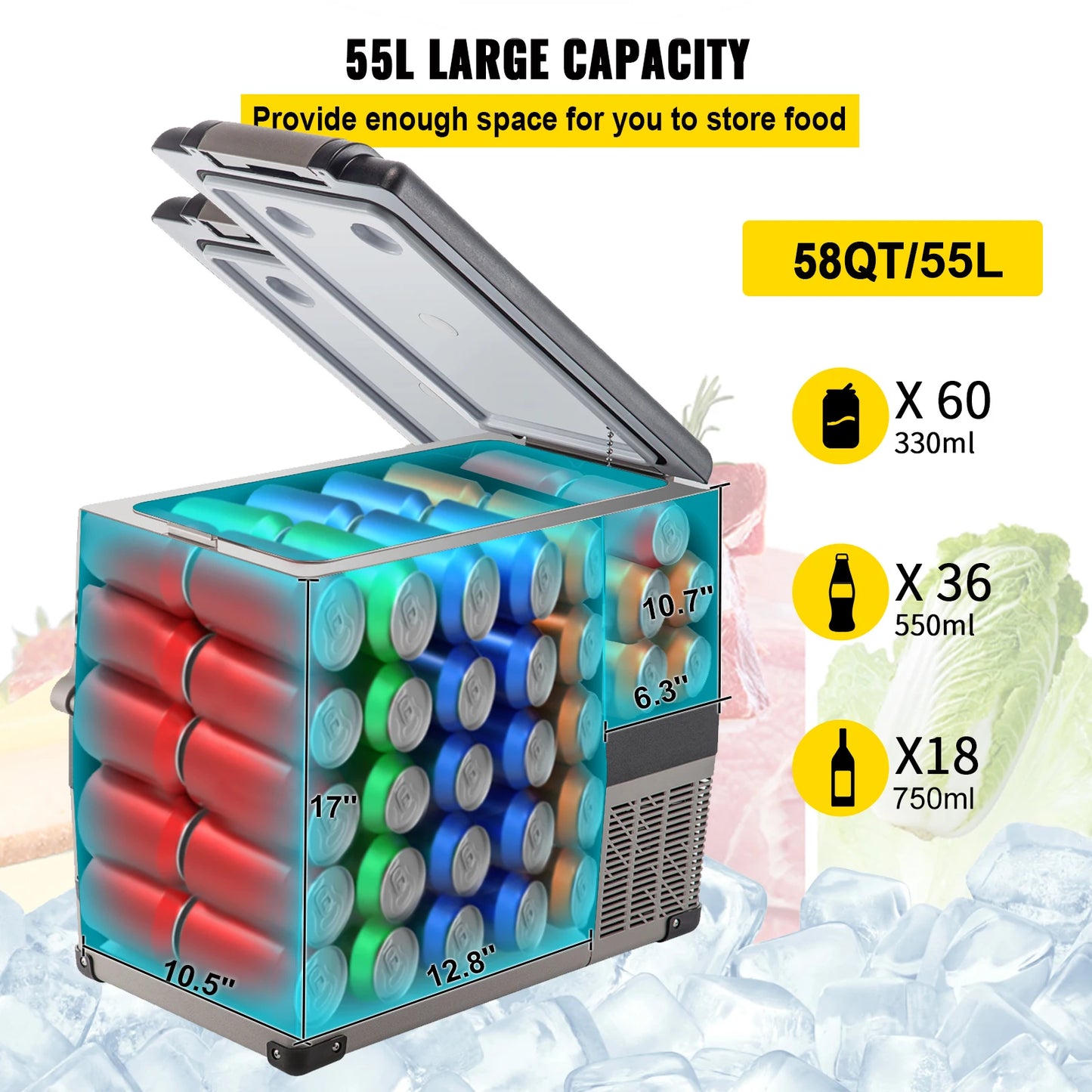 VEVOR 55L Car Refrigerator Mini Fridge Freezer Portable Compressor Cooler 12/24V DC 110-240V Ice Box for Camping