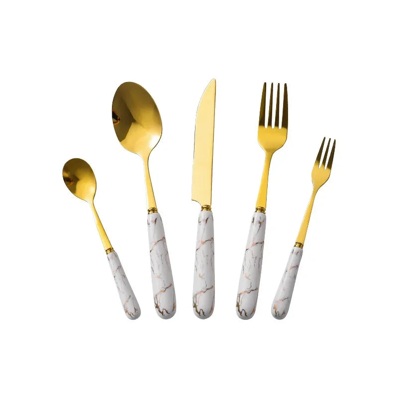 30pcs Cutlery Sets Gold Fork Spoon Knife Set Ceramic Tableware 304 Stainless Steel Dinner Set Cutlery Spoons Sets DropShipping