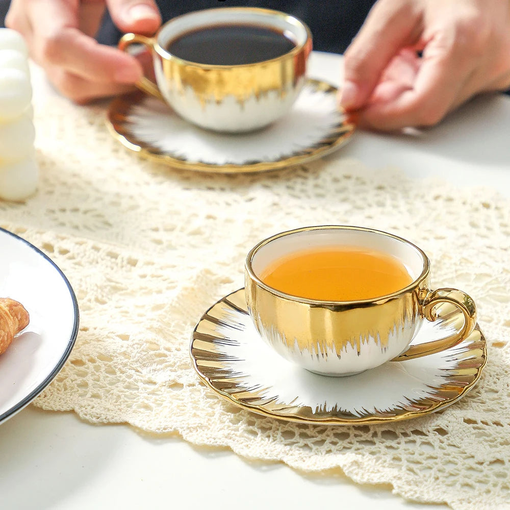 6 Sets, Ceramic Cups With Saucers, Espresso Cups and Saucers, Porcelain Coffee Cup and Saucer Set with Gold Trim, 2.5 oz Demitas