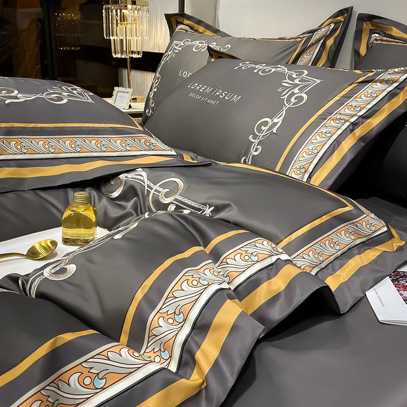 European Style Gold Edge Embroidered Bedding Set Luxury White Satin Cotton Duvet Cover Bed Sheets Pillowcases King Queen Size