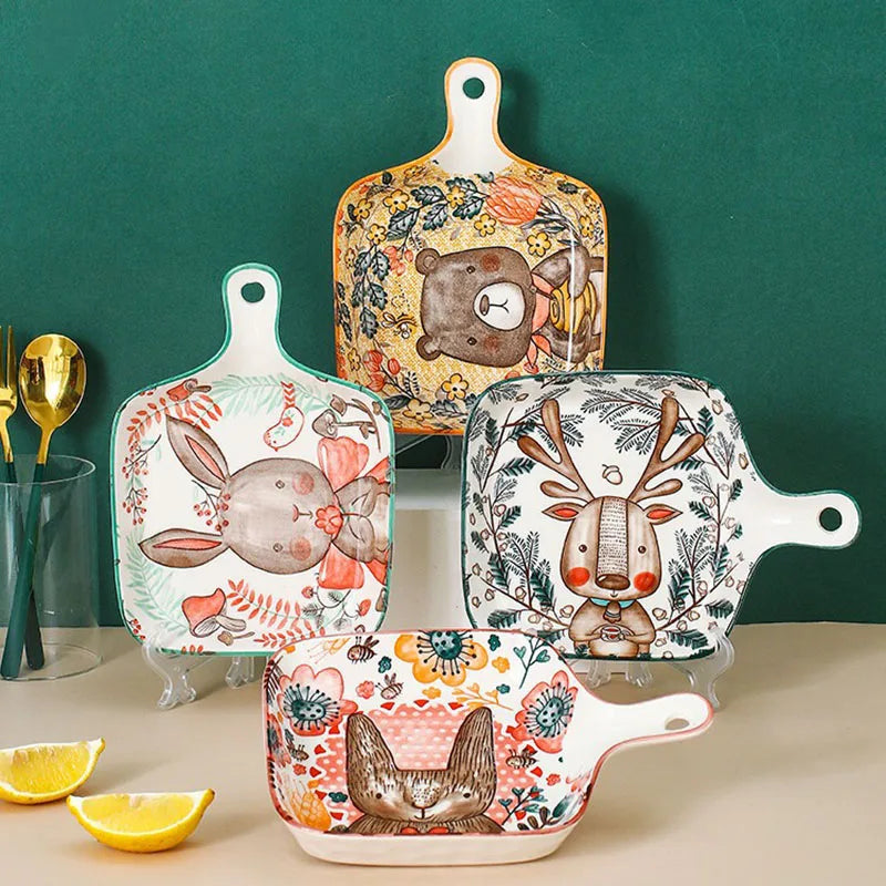 Ceramic Bakeware With Handle Forest Animals Baking Pan Underglaze Kitchen Tableware Salad Bowl Au Gratin Dishes