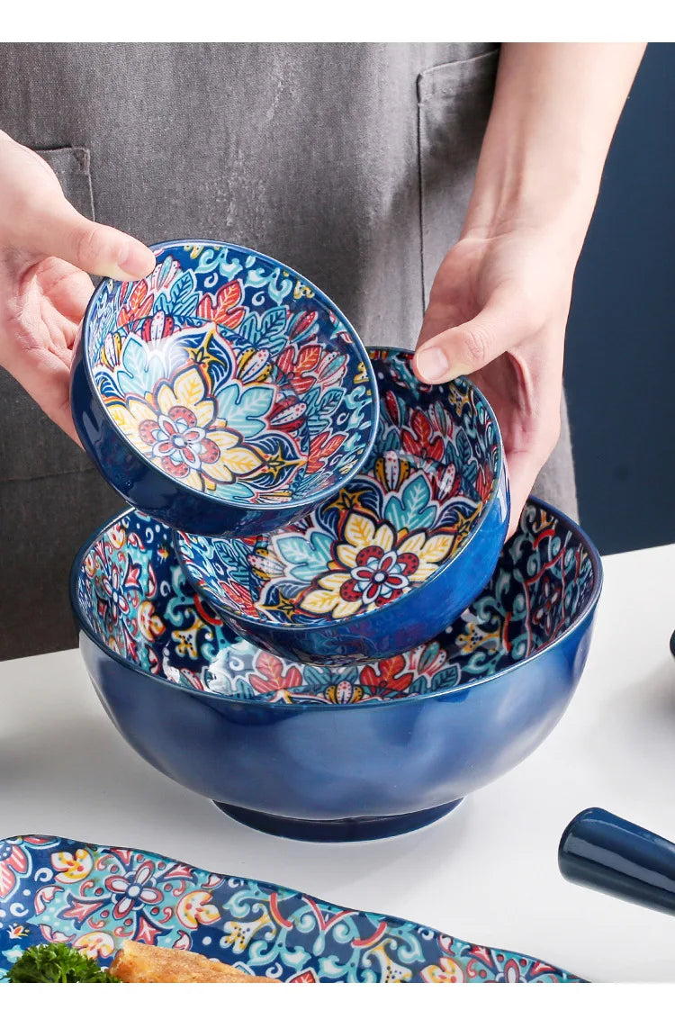 Baroque dish set Creative ceramic tableware Rice rice bowl soup noodles large bowl Household handle bowl Fish plate dish