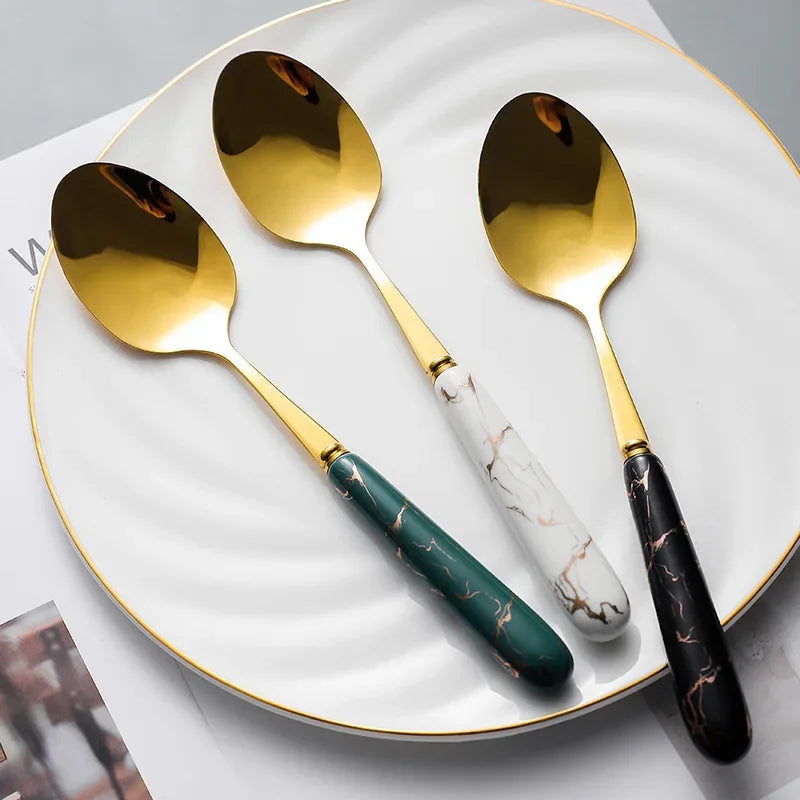 30pcs Cutlery Sets Gold Fork Spoon Knife Set Ceramic Tableware 304 Stainless Steel Dinner Set Cutlery Spoons Sets DropShipping