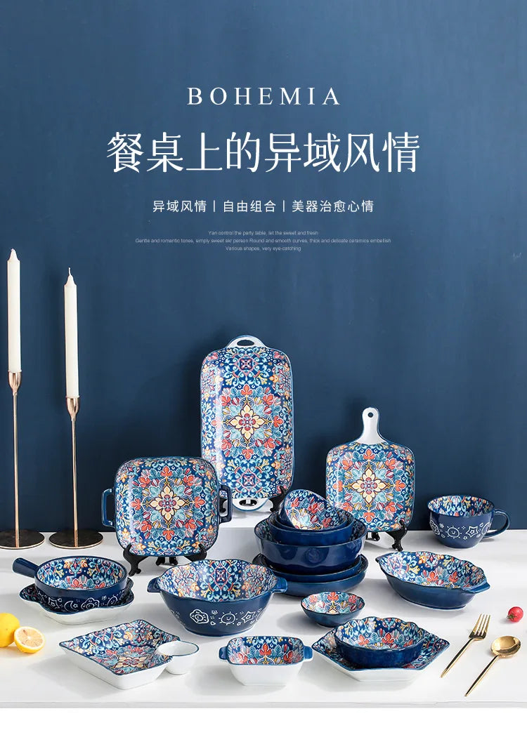 Baroque dish set Creative ceramic tableware Rice rice bowl soup noodles large bowl Household handle bowl Fish plate dish