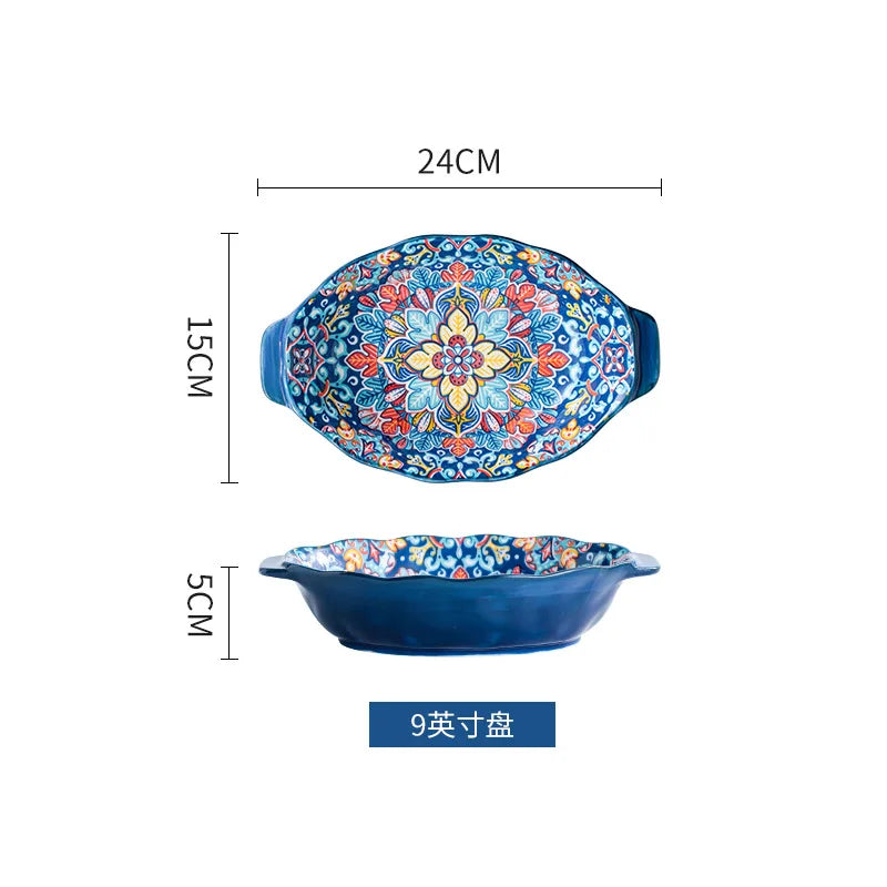 Baroque dish set Creative ceramic tableware Rice rice bowl soup noodles large bowl Household handle bowl Fish plate dish