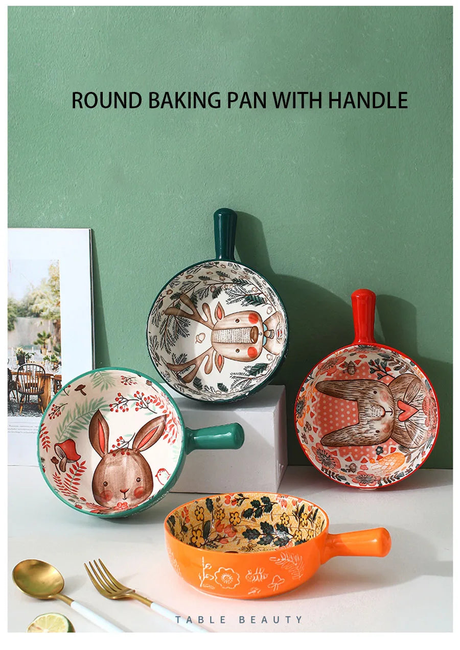 YWDL 500ml Round Ceramic Bakeware With Handle Forest Animals Baking Pan Underglaze Kitchen Tableware Salad Bowl Au Gratin Pasta