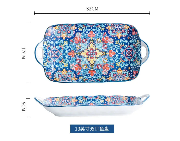Baroque dish set Creative ceramic tableware Rice rice bowl soup noodles large bowl Household handle bowl Fish plate dish