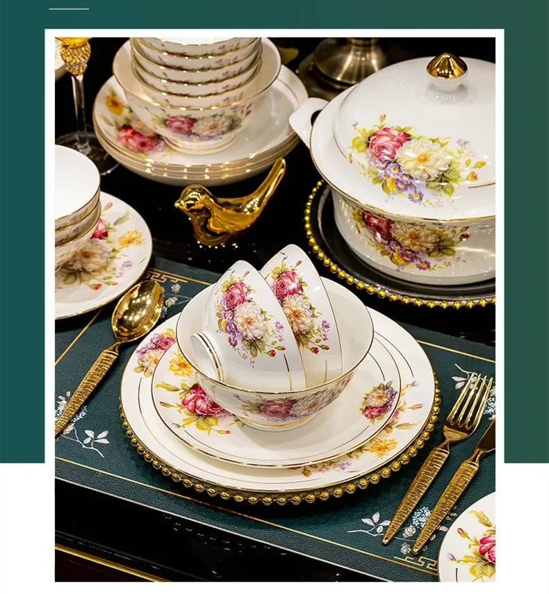 60pcs European Style Dinnerware Sets Luxury Bone China Tableware Sets Bowl Spoon Dinner Plate Set Kitchen Utensils Dinner Set