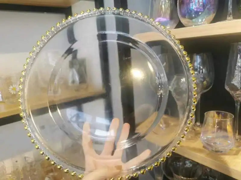 1pcs Premium Clear Plastic Charger Plates with Gold Beads Rim, Decorative Service Plate for Party, Wedding and Events
