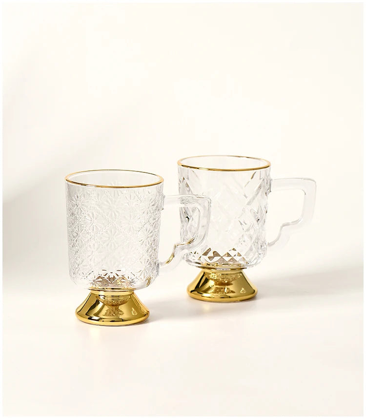Gold Rimmed Tall Glass with Handle, Tall Beer Drinking Glass with Handle, Kitchen Bar, Barware, Drinkware Set, Light, Luxury