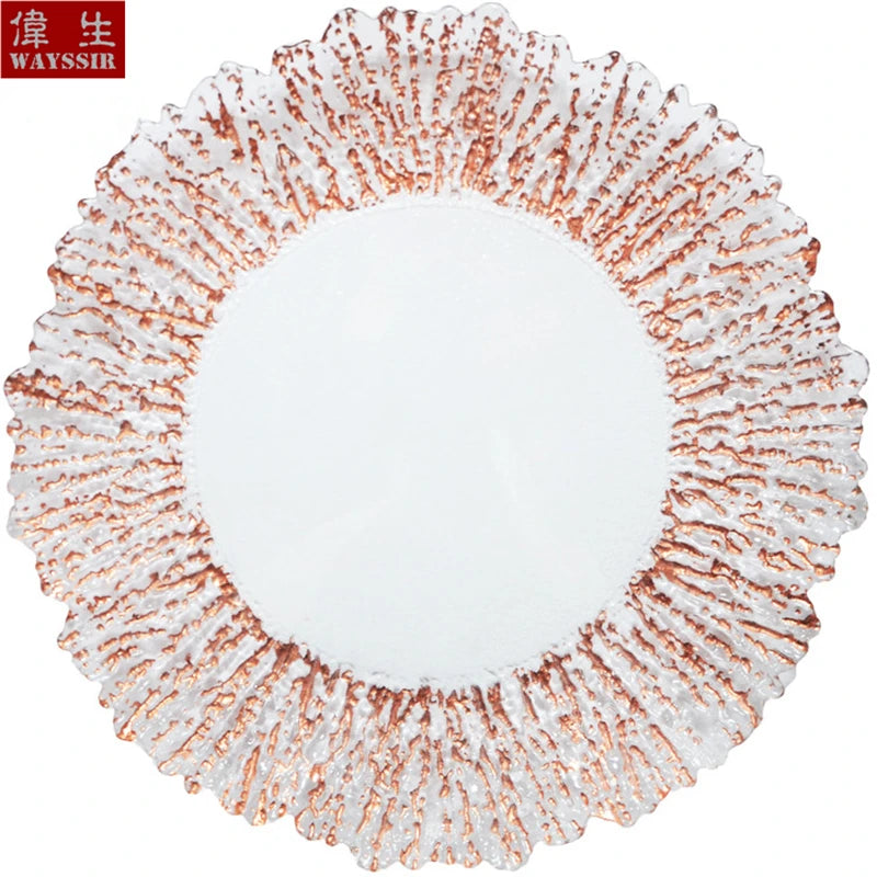 Flower Shaped Gold Silver Decal Rim, Transparent Glass Charger Plate, Wedding Party Decoration, Tableware Tray, Show Plate