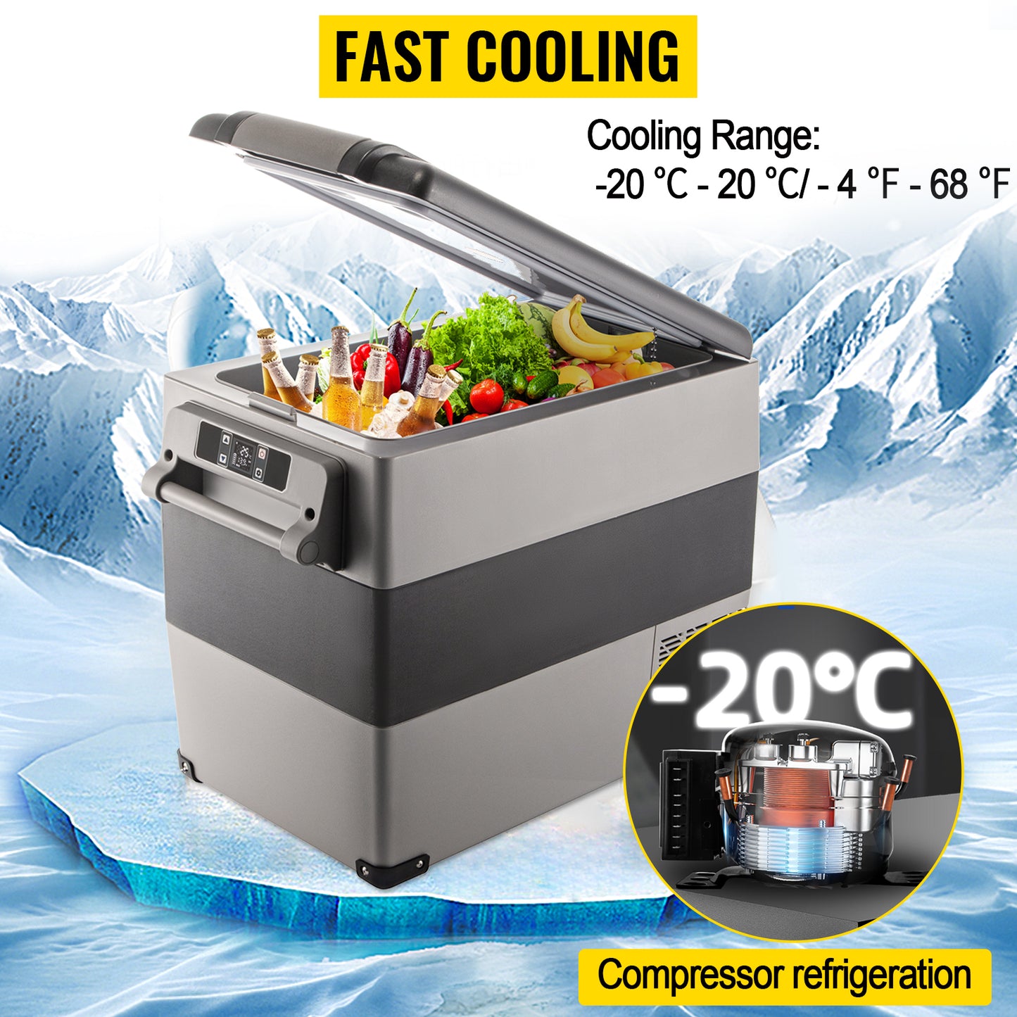 VEVOR 55L Car Refrigerator Mini Fridge Freezer Portable Compressor Cooler 12/24V DC 110-240V Ice Box for Camping