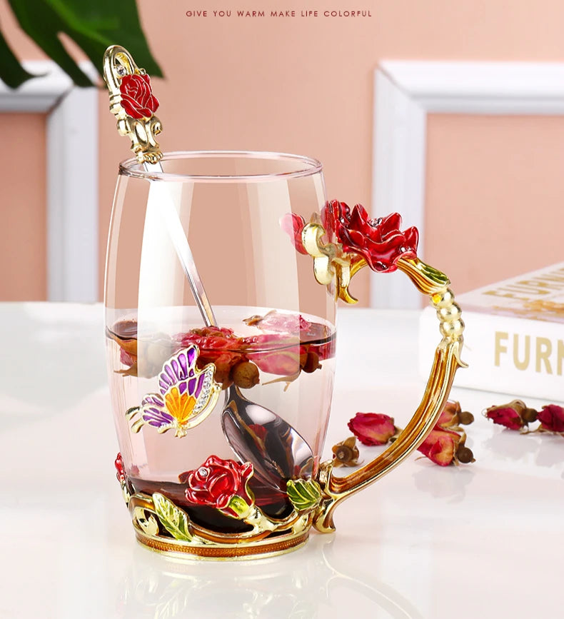 Hand-made Enamel Tea Cup Crystal Cup Milk Lemon Flower Tea Cup High-grade Drinking Glasses Gift Couple Cup Drop Ship