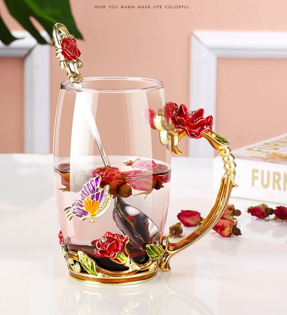 Hand-made Enamel Tea Cup Crystal Cup Milk Lemon Flower Tea Cup High-grade Drinking Glasses Gift Couple Cup Drop Ship