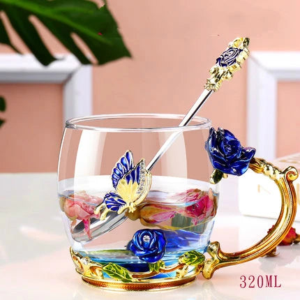 Hand-made Enamel Tea Cup Crystal Cup Milk Lemon Flower Tea Cup High-grade Drinking Glasses Gift Couple Cup Drop Ship