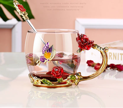 Hand-made Enamel Tea Cup Crystal Cup Milk Lemon Flower Tea Cup High-grade Drinking Glasses Gift Couple Cup Drop Ship