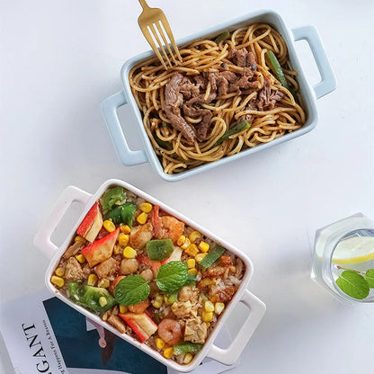 Binaural Rectangular Ceramic Plate Oven Dedicated Bakeware Dinner Plate Decorative Tableware Baking Bowl Dish Fruit Salad Bowl