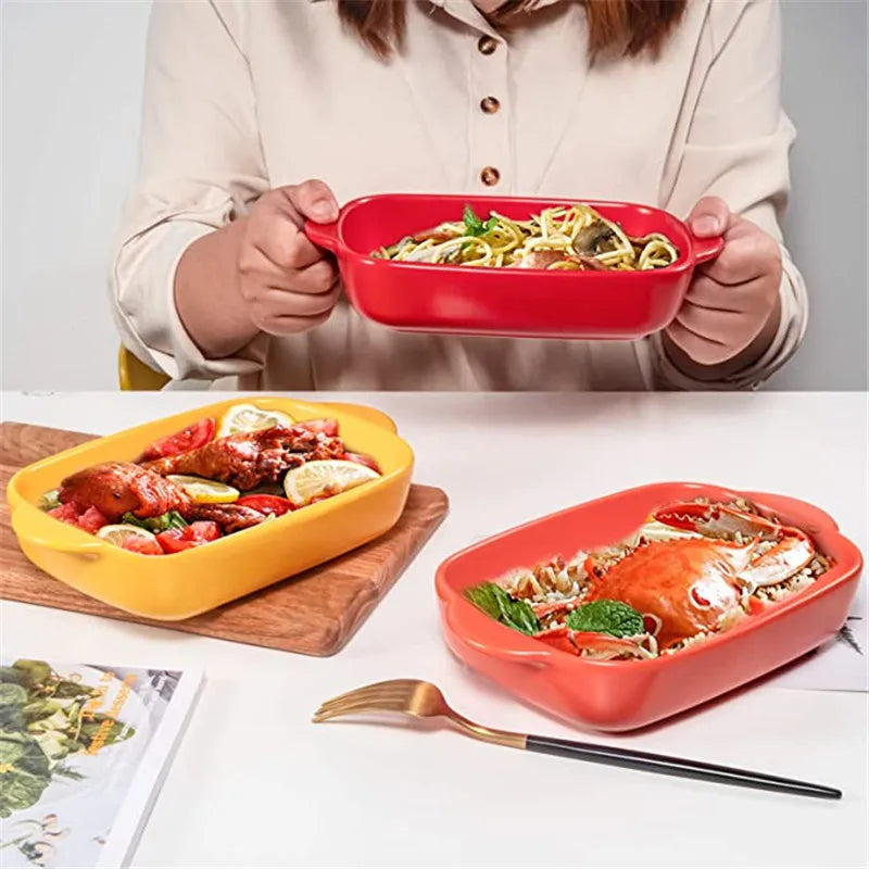 1/3Pcs Ceramic Rectangular Binaural Cheese Risotto Plate Baking Dish Microwave Western Food Bowl Oven Baked Rice Tableware