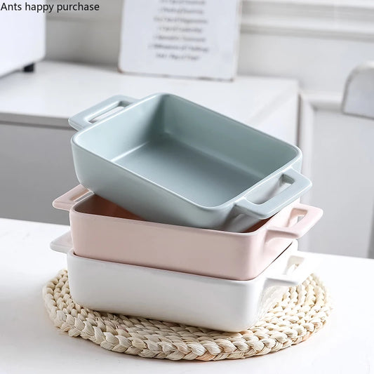 Binaural Rectangular Ceramic Plate Oven Dedicated Bakeware Dinner Plate Decorative Tableware Baking Bowl Dish Fruit Salad Bowl