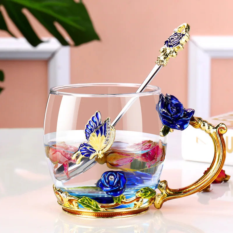 Hand-made Enamel Tea Cup Crystal Cup Milk Lemon Flower Tea Cup High-grade Drinking Glasses Gift Couple Cup Drop Ship