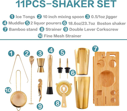 11-Pcs Cocktail Shaker Set Gold,Bartending Kit Stainless Steel Shakers 25oz Bar Kits for Bartender Mixing Set Barware Tool Sets