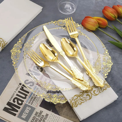 70Pcs Disposable Tableware Transparent Flower Petal Shape Gold Rim Plastic Plate Cup Silverware Birthday Wedding Party Supplies