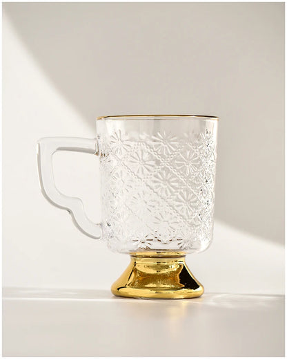 Gold Rimmed Tall Glass with Handle, Tall Beer Drinking Glass with Handle, Kitchen Bar, Barware, Drinkware Set, Light, Luxury