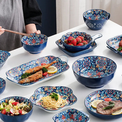 Baroque dish set Creative ceramic tableware Rice rice bowl soup noodles large bowl Household handle bowl Fish plate dish