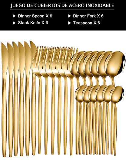 24pcs Dinnerware Set Stainless Steel Tableware Set Knife Fork Spoon Flatware Set Cutlery Set Knife Fork Spoon Tea Spoon