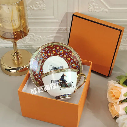 English Bone China Tea Set - Gold Trim Coffee Cups, Saucers & Cake Plates, Classic Afternoon Tea