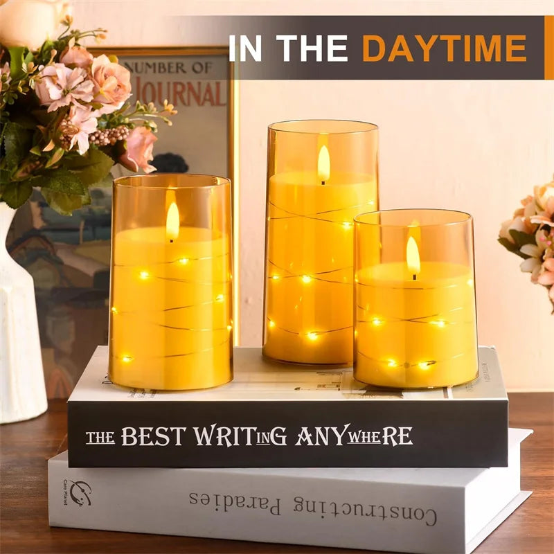 Flickering Flameless Candles 3D Wick Built-in Star String Light Acrylic Battery Operated LED Pillar Candles with Remote and Time