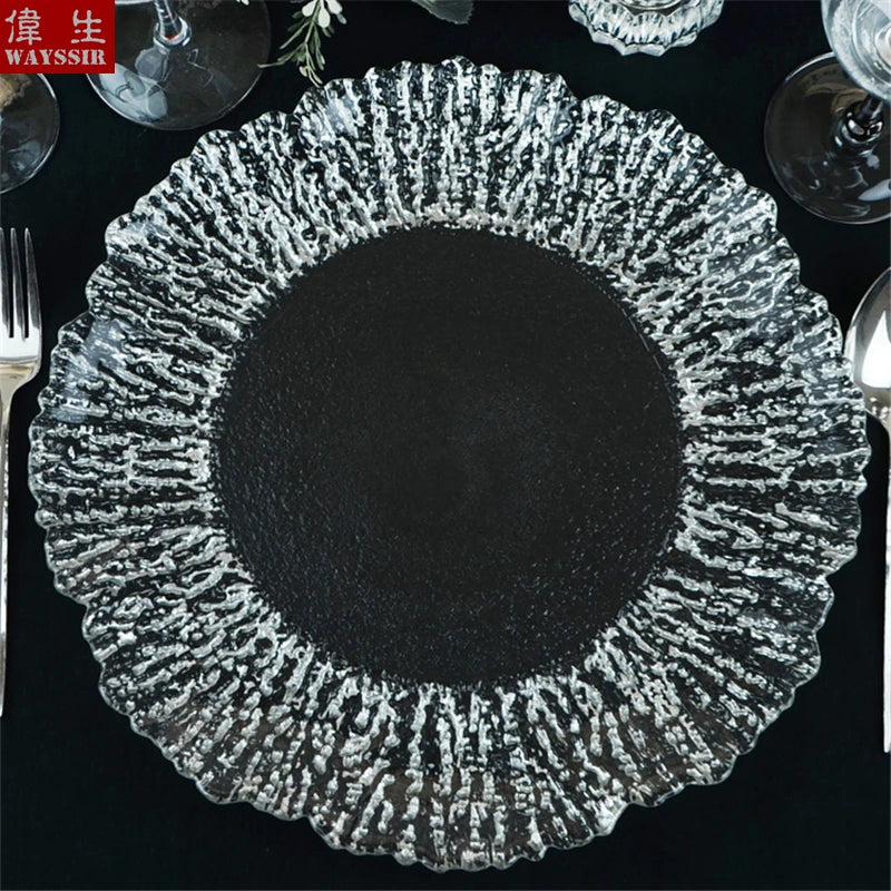 Flower Shaped Gold Silver Decal Rim, Transparent Glass Charger Plate, Wedding Party Decoration, Tableware Tray, Show Plate