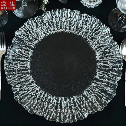 Flower Shaped Gold Silver Decal Rim, Transparent Glass Charger Plate, Wedding Party Decoration, Tableware Tray, Show Plate